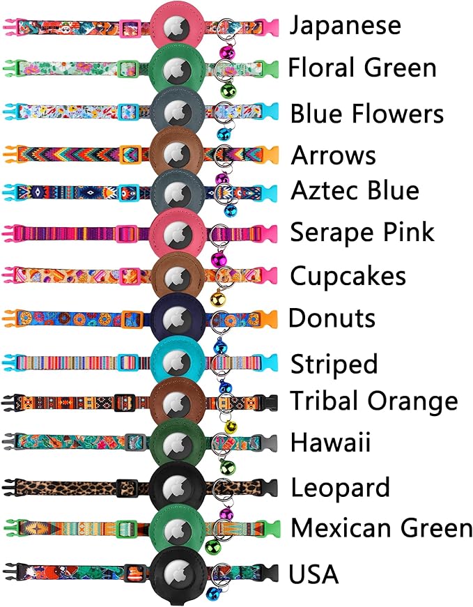 Airtag Cat Collar with Bell - Non Breakaway Soft Pet Collar with Leather Air Tag Holder - Adjustable GPS Anti-Lost Collars for Girl Boy Cats Kitten Puppies, Lightweight and Patterned (Floral Green)
