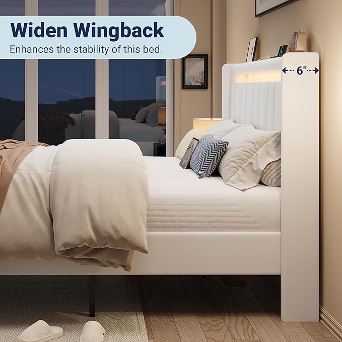 Allewie Queen Size LED Bed Frame with Charging Station, Velvet Upholstered Platform Bed with Geometric Wingback Headboard, Modern Frame with No Box Spring Needed, Easy Assembly, White