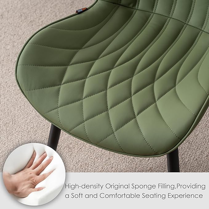 Kidol & Shellder Dining Chairs Set of 2 Green Modern Kitchen Chairs with Back Armless Accent Chairs for Living Room Upholstered Faux Leather Chair Mid Century Comfy Side Chair with Metal Legs