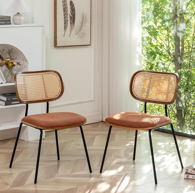 Rattan Dining Chairs Set of 4, Christmas Dining Chairs Mid Century Modern with Cane Back for Kitchen Dining Room, 19 Inch Fabric Orange