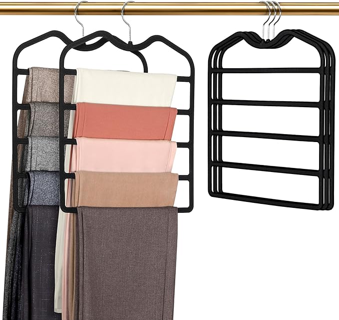 Pants Hangers Space Saving,5 Pack Velvet Short Neck Pants Hangers,5 Tier Space Saving Velvet Hanger,Closet Organizers and Storage Dorm Room Essentials for College Students Girls Guys Holds Pant,Jean
