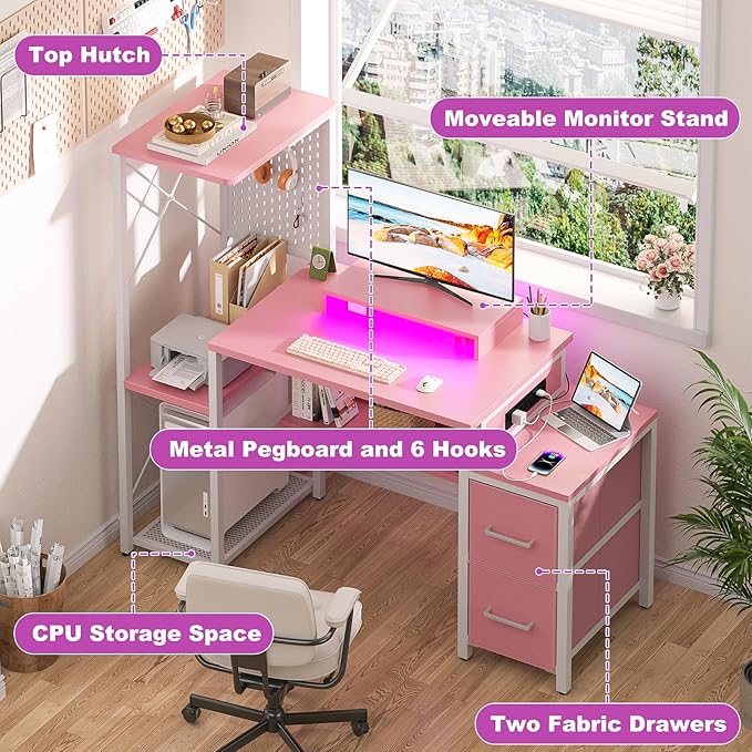 Small Gaming Desk with 2 Fabric Drawers - Reversible Computer Desk with Power Outlet & LED Lights, 49" Office Desk with Monitor Stand & Storage Shelves, Writing Study Table with Pegboard, Pink
