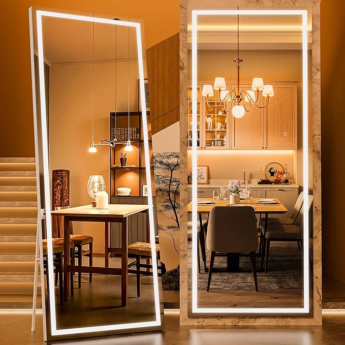 Full Length Mirror with Lights, 71" x 28" LED Lighted Floor Standing Mirror, Tempered Glass, Square White