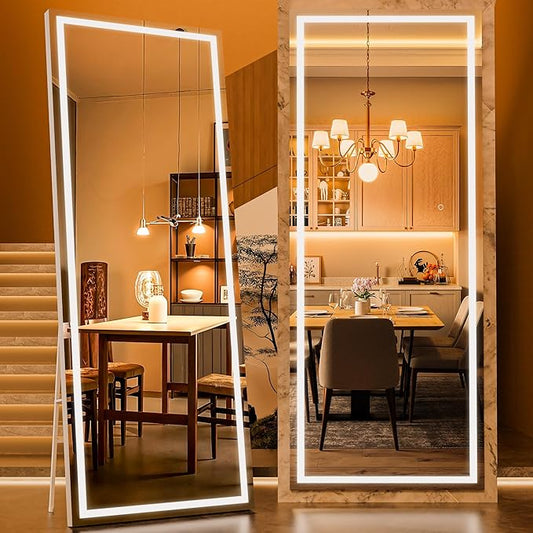 Full Length Mirror with Lights, 71" x 28" LED Lighted Floor Standing Mirror, Tempered Glass, Square White