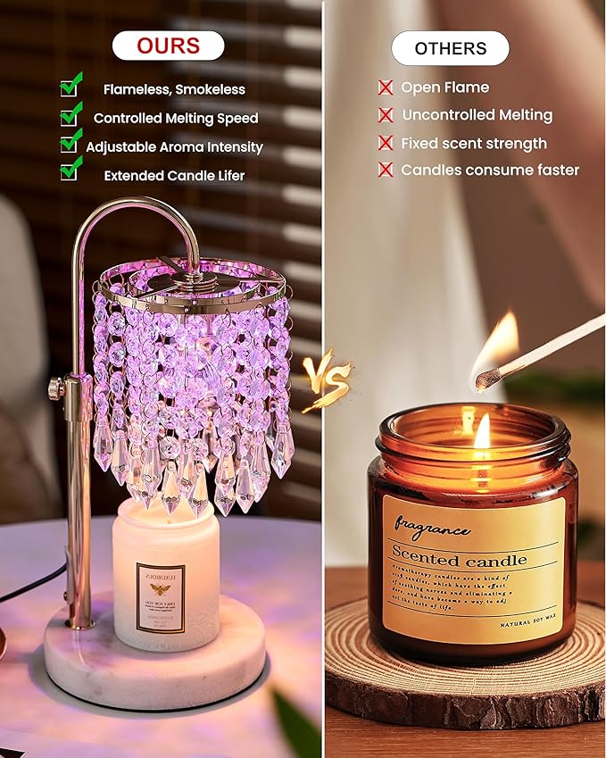 Candle Warmer Lamp with Timer Dimmer and 3 Bulbs, Candle Lamp Warmer with RGB Mode for Adjustable Height, Crystal Candle Lamp for Jar Candles, House Warming Gifts Home Room Decor, French Gold