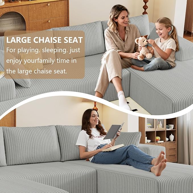 96" U-Shape Cloud Couch, Modern Modular Sectional L-Shape Sofa with Ottoman, Corduroy Upholstered Couches Deep Seat Chaise Longue for Living Room, No Assembly Required(Light Gray, Right Facing)