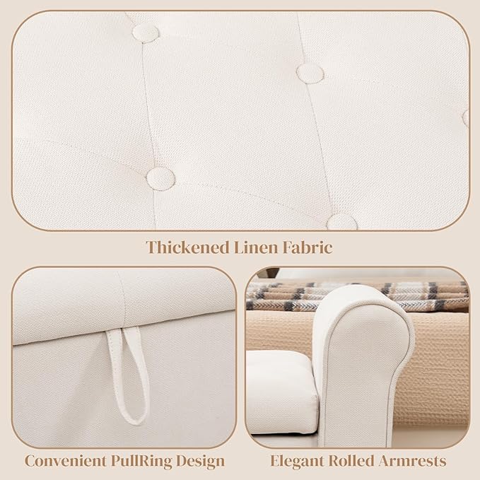 End of Bed Storage Bench for Bedroom, 49" Upholstered Storage Ottoman with Rolled Arms, Rivet Polyester Fabric Ottoman Bench for Bedroom, Living Room, Window, Entryway, Beige