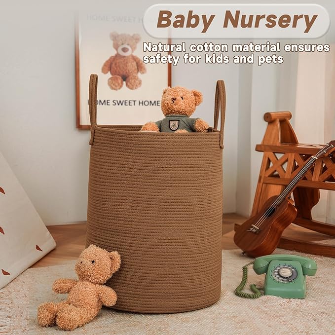 Large Woven Laundry Basket Hamper,60L Cotton Rope Storage Bin for Blankets,Toys and Clothes,Decorative Tall Nursery Hamper for Living Room,Baby Nursery,Bathroom and Bedroom,Golden Jute
