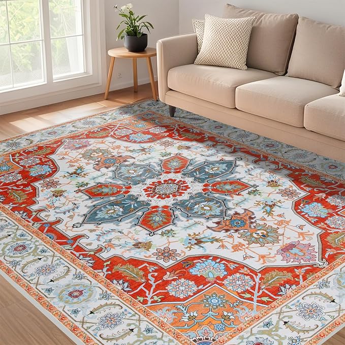 WILLSUN Washable Area Rugs, 6x9 Non-Slip Boho Large Area Rugs for Living Room, Bedroom, Machine Washable Vintage Rug, Indoor Floral Print Carpet for Home Decor, Kid & Pet Friendly Mat