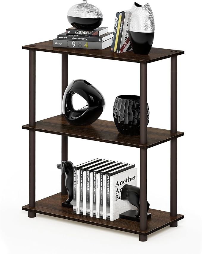 Furinno TURN-N-TUBE Storage Shelves, 3-Tier Book Shelf, Corner Shelf, Toolless Open Shelves, for Organization and Storage, Living Room, Garage, Home Office, Walnut