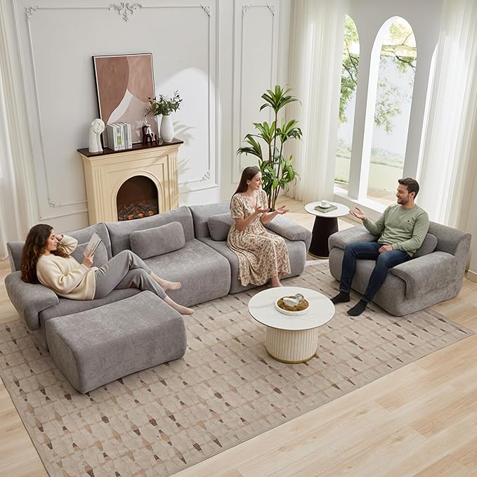 117”L Shaped Modern Sofa Modular Sectional Cloud Couch with Ottoman,Oversized Boneless Sofa,3+1 Seater Chenille Deep-Seat Sofa with 3 Pillows,Suitable for Living Room or Bedroom (Grey)