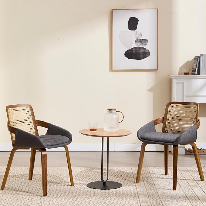 DUOMAY Modern Linen Dining Chairs Set of 2, Cane Back Room Chairs with Solid Wood Legs Kitchen Chairs for Living Room, Restaurant, Grey