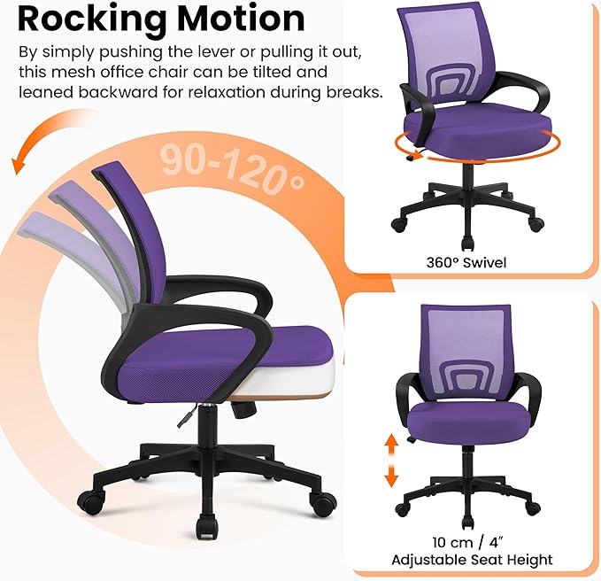 Yaheetech Office Chair Ergonomic Mesh Chair w/Lumbar Support Armrest Wheels Comfortable Racing Seat Adjustable Swivel Rolling Home Executive Mid Back Computer Chair for Adults, Purple