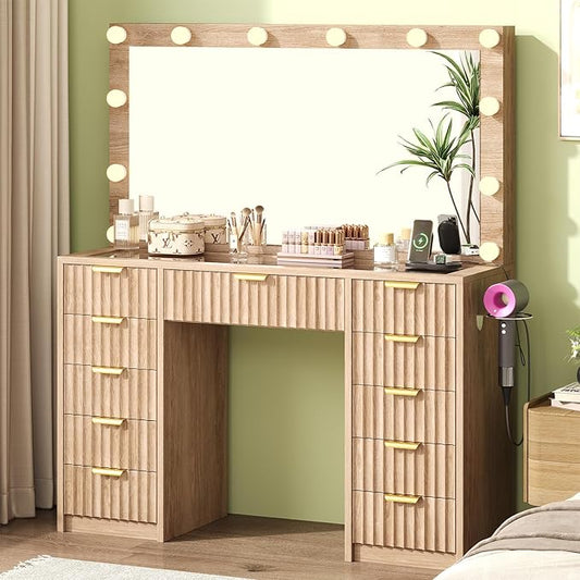 11 Drawers Fluted Vanity Desk with Glass Top, 47" Makeup Vanity with Large Mirror and 12 LED Lights, Dressing Table with Power Outlet for Bedroom, Natural