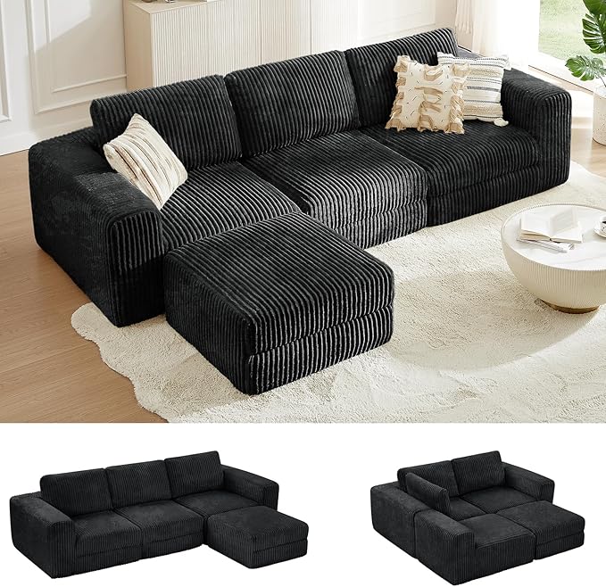 ONBRILL 110" Modular Sectional Sofa,L Shaped Couch 4 Seater with Sleeper Chaise, Sectional Couch with Deep Seat,Upholstered Corduroy Cloud Couches for Living Room,Bedroom,No Assembly Required,Black