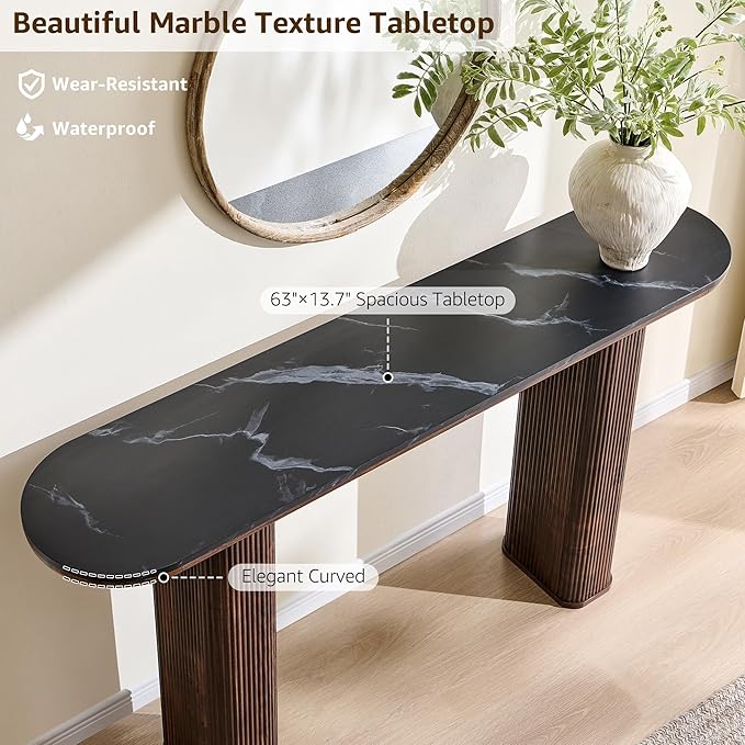 OKD 63 Inch Modern Console Table with Arc Marble Texture Top, Fluted Wood Base, Contemporary Entryway Sofa Table for Living Room, Hallway, Foyer, Dark Walnut