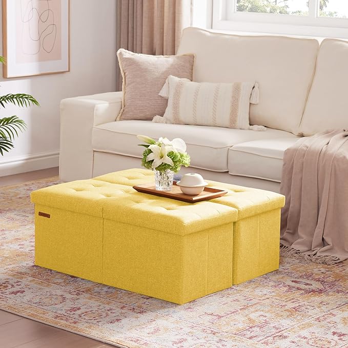 HAUSFRAU 31.5 Inches Ottoman with Storage Bench, Folding Ottoman Bench Small Foot Rest Stool, Bedroom Bench with Flipping Lid, Linen Yellow