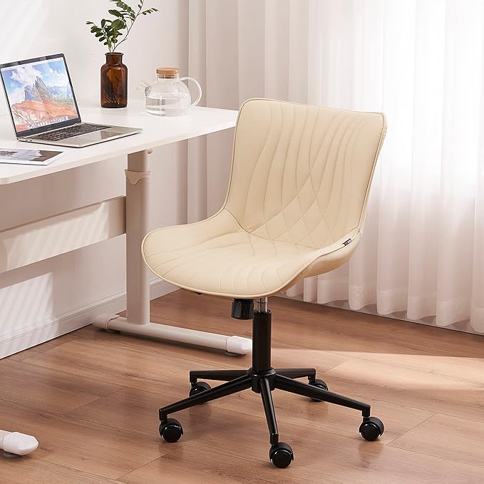 YOUNIKE Office Chair, Armless Desk Chair with Wheels, Adjustable Swivel Home Office Computer Task Chairs, Modern Faux Leather Padded Vanity Chair with Back, Beige
