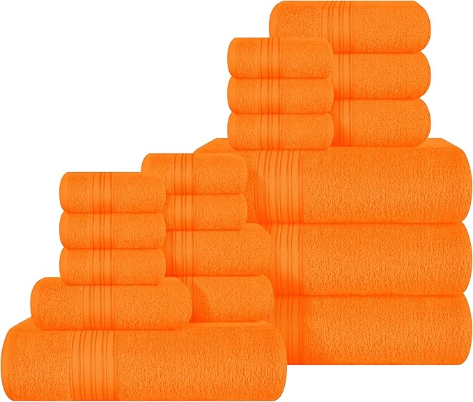BOUTIQUO 100% Cotton Towel Set, Contains 4 Soft Bath Towel, 6 Hand Towels, 8 Wash Cloths - Compact Absorbent Lightweight & Quickdry Towels for Bathroom - 18 Piece Bathroom Towel Set - Orange
