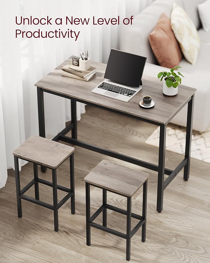 VASAGLE Bar Table and Chairs Set, Rectangular Table with 2 Stools, Dining Pub Set for 2, Space Saving for Kitchen Breakfast, Living Room, Party Room, Greige and Black ULBT015B02