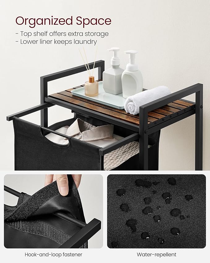 VASAGLE Laundry Hamper, Laundry Basket, Laundry Sorter with A Pull-Out and Removable Bag, Shelf, Metal Frame, 17.2 Gallons (65 L), 19.7 x 13 x 28.4 Inches, Black and Rustic Brown UBLH101B01