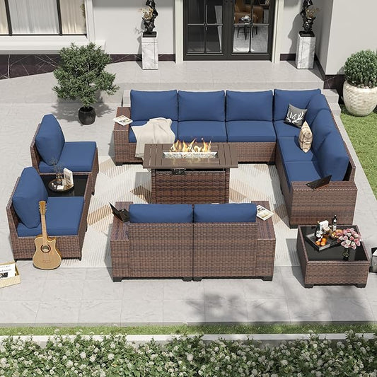 Aoxun 13 Pieces Patio Furniture Set with 44” Fire Pit Table Wicker Rattan Outdoor Sectional Conversation Set with Coffee Table and 4” Thickened Cushions, Blue(Waterproof Cover Included)