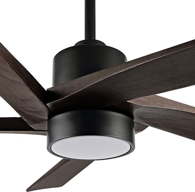 WINGBO 64 Inch DC Ceiling Fan with Lights and Remote Control, 5 Reversible Carved Wood Blades, 6-Speed Noiseless DC Motor, Modern Ceiling Fan in Matte Black Finish with Walnut Blades, ETL Listed