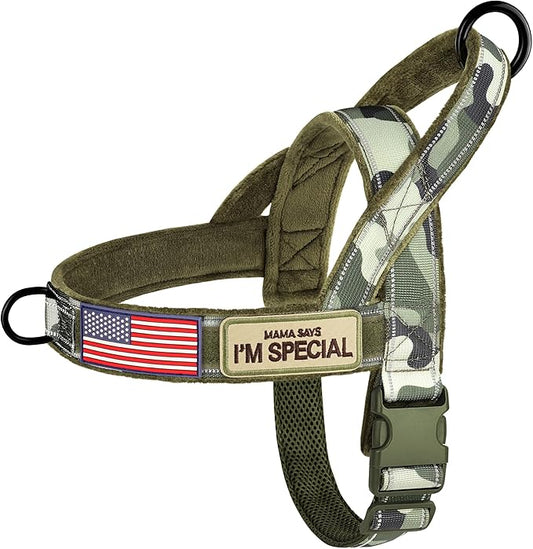 Forestpaw No Pull Dog Harness with Flannel Lining, Reflective Escape Proof Vest for Large Dogs, Quick Release Comfortable for Walking Training (Includes Patches),Green Camo XL