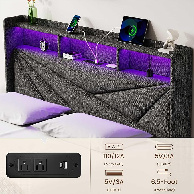 LED Full Size Bed Frame with 2 Storage Drawers, Upholstered Full Bed Frame with Headboard and Charging Station, No Box Spring Needed, Easy to Assembly-Dark Grey
