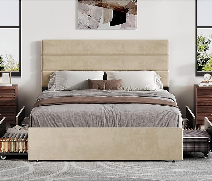WLIVE Full Size Upholstered Bed Frame with 4 Drawers and Velvet Square Tufted Headboard, Sturdy Metal & Wooden Slats Support, No Box Spring Needed, Easy Assembly, Beige