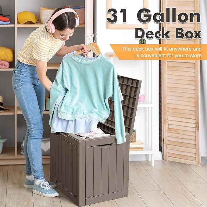 31 Gallon Outdoor Storage Box, Waterproof Deck Box, Lockable Indoor/Outdoor Storage Box for Patio Furniture, Garden Tools, Package Delivery Box, UV-Resistant Outside Chest