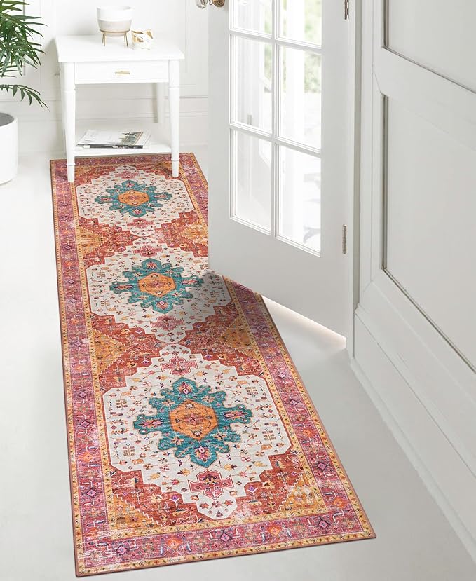Moynesa Ultra-Thin Washable Runner Rug - 2'6"x8' Pink Runners for Hallways, Boho Non-Slip Bedroom Rug Runner, Vintage Oriental Medallion Kitchen Carpet Runner for Home Entrance Decor