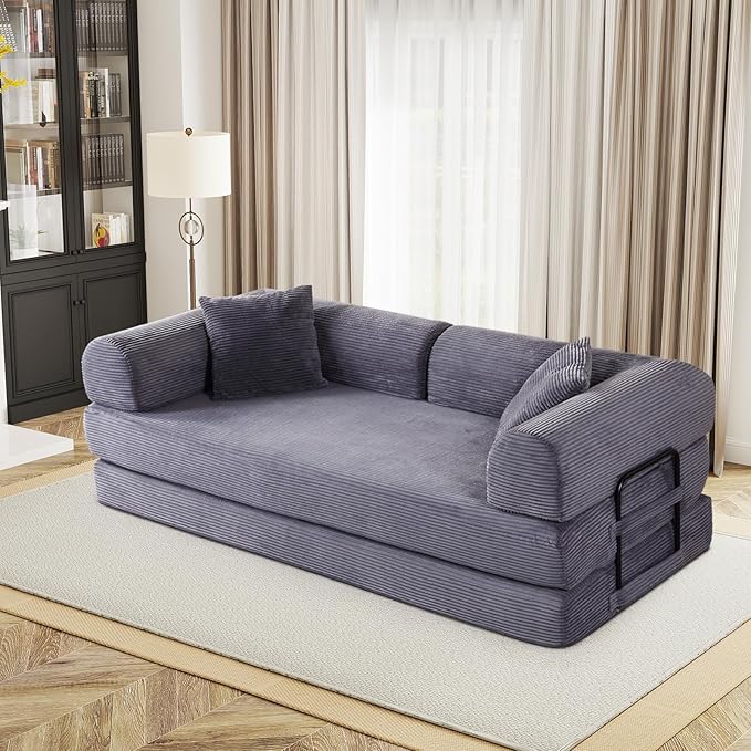 Antetek Convertible Futon Sofa Bed, 3-Seater Modern Corduroy Foam Floor King Size Bed Fold Out Sleeper Lounge Loveseat Sofa Couch with 2 Throw Pillows for Living Room Bedroom Guest Room, Light Grey