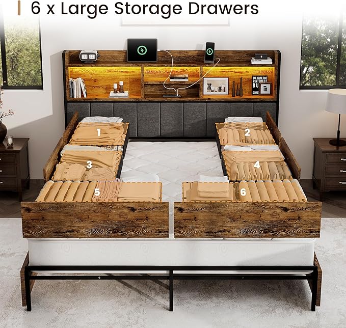 Queen Bed Frame with 6 Storage Drawers, Linen Upholstered Headboard, Built-in USB Charging Station & LED Lighting, Silent Metal Support, No Box Spring Needed, Vintage Brown