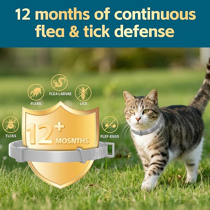 Flea and Tick Collar for Cats – 12-Month Protection – Adjustable & Waterproof – Safe, Long-Lasting Repellent for Fleas, Ticks, Lice & Mosquitoes – Fits Small, Medium & Large Cats 2pack
