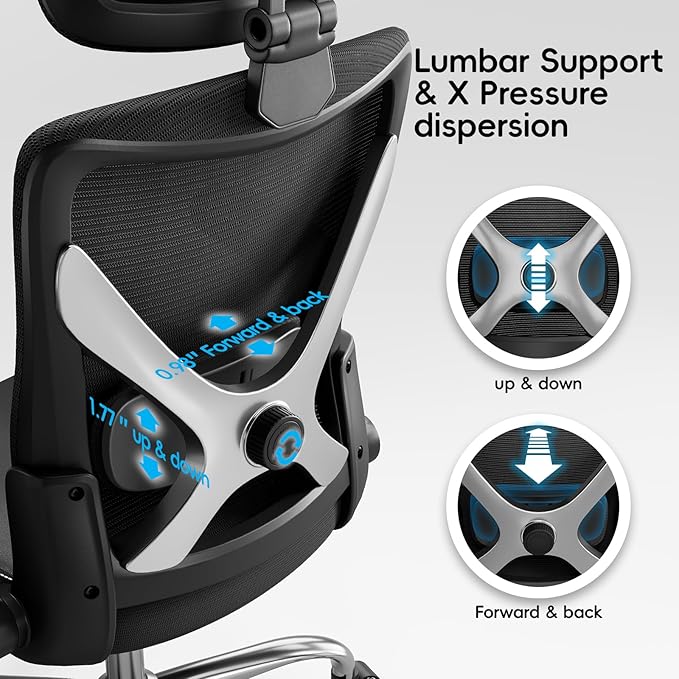 Ergonomic Office Chair-Computer X-Shaped Chair Mesh PU Leather with Adjustable Lumbar Support-Executive Desk Chair High Back with Headrest Flip-Up Arms for Long Hours (Black-Silver)
