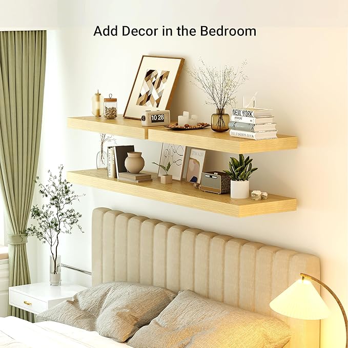 Heimlove 24 x 12 Inch Deep Floating Shelves Wall Mounted with Invisible Brackets,Storage Hanging Shelf for Wall Decor in Bathroom, Bedroom, Toilet, Kitchen, Living Room, Office Set of 1 (Oak)