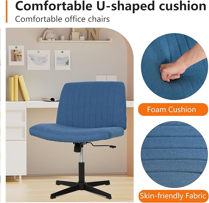 FDW Criss Cross Chair Armless Cross Legged Office Desk Chair Adjustable Swivel Ergonomic Gaming Chair No Wheels Backrest with Wide Seat Native Sponge Computer Task Vanity Chair for Home Office,Blue