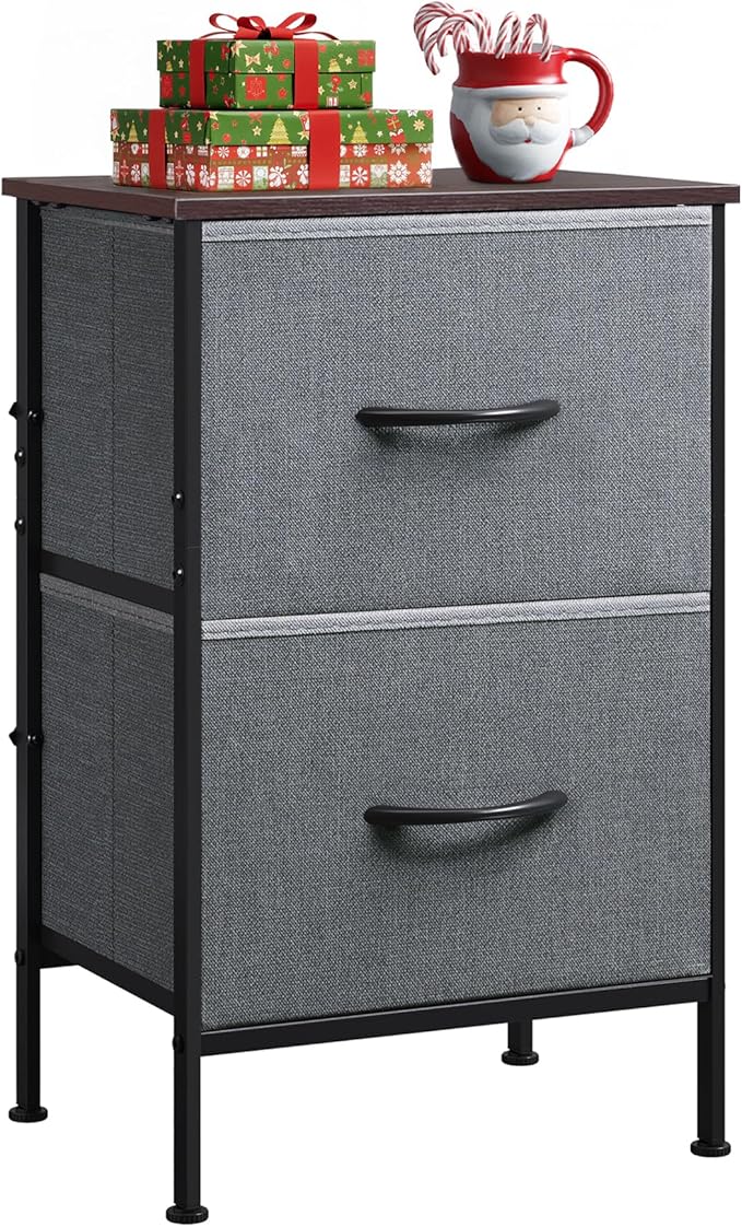 WLIVE Night Stand, Small Dresser with 2 Drawers & Wooden Top, Nightstand with Fabric Bins, Bedside Table End Table for Bedroom, Closet, Entryway, College Dorm, Charcoal Black