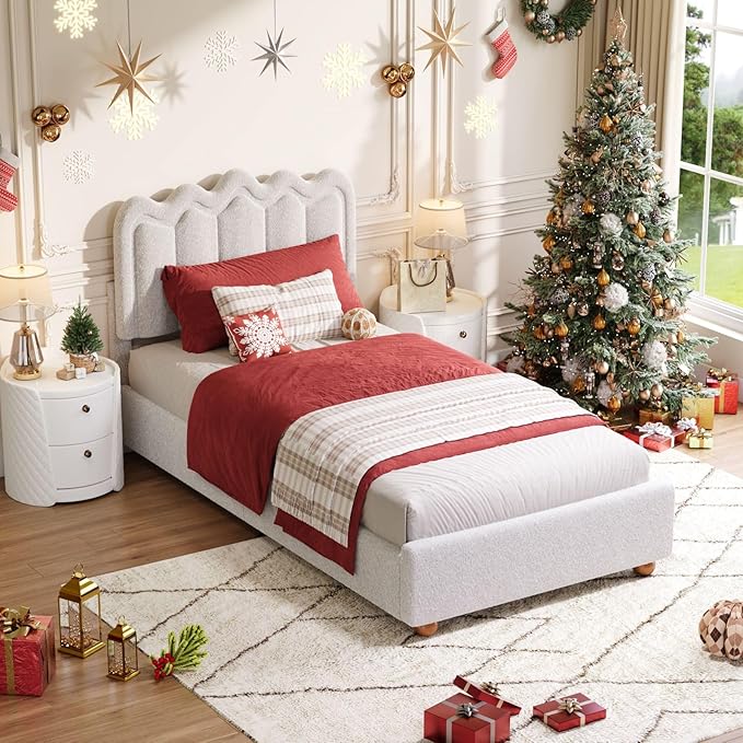 Twin Bed Frame with Headboard, Boucle Bed Frame, Soft Upholstered Platform Cloud Bedframe with Footboard, Solid Wood Legs, Solid Wooden Slats Support, No Box Spring Required, Easy Assembly