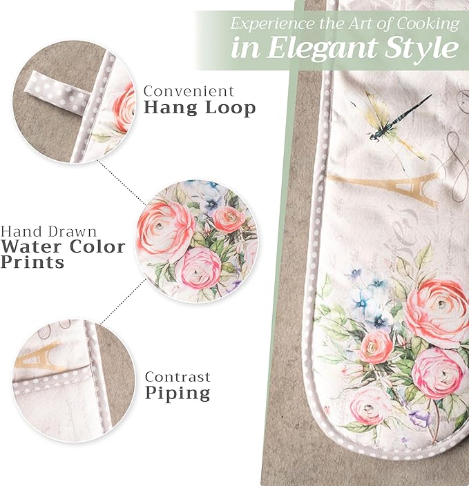 Maison d' Hermine Double Oven Mitts 100% Cotton 7"x35" Double Oven Mitt Heat Resistant BBQ Cooking Gloves with Loop, Baking, Grilling, Home, Kitchen, Handling Hot Pans Spring Summer (Champ De Mars)