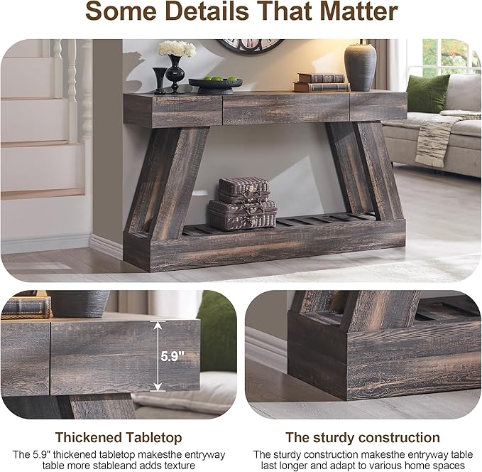 60" Farmhouse Entryway Table with Drawer, Entry Table with Storage, Sofa Table for Living Room, Behind Couch, Sofa(Dark Rustic Oak)