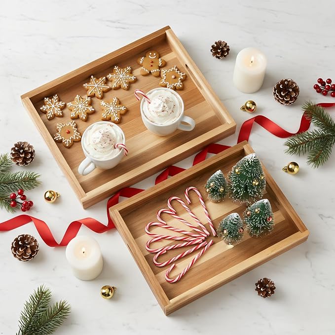 Natural Acacia Wooden Rectangular Serving Tray with Handles, Set of 2 (15"x11"), Large Tray for Ottoman, Breakfast in Bed, Dinner, Coffee Table Decor & Kitchen