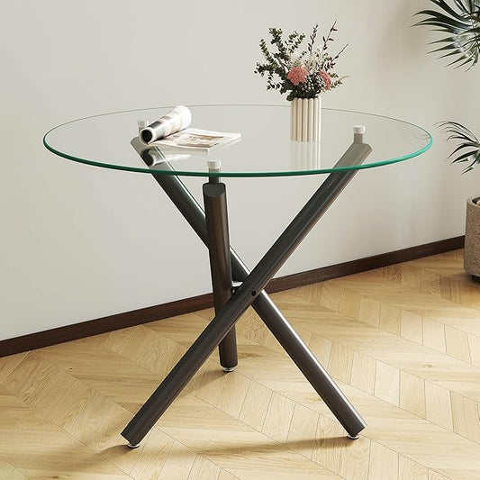 36" Round Glass Dining Room Table for 4 with Tempered Glass Top and Black Metal Tube Legs, Modern Clear Kitchen and Dinner Table for Home Office Dining Room