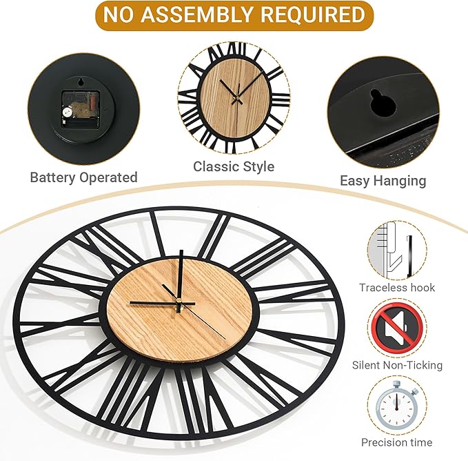 20inch/50cm Large Wall Clocks for Living Room Decor,Bedroom,Battery Operated,Metal,Decorative,Analog,Silent,Non Ticking Big Wall Clock(Wooden Roman Numerals, 20 inches)