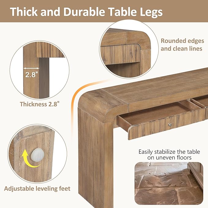 Farmhouse Modern Curved Entryway Console Table 54.3-Inch Sofa Entry Table Fluted Accent Tables with Storage Drawers for Living Room Hallway Furniture, Natural