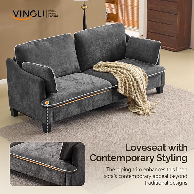 VINGLI 84" W Oversized Comfy Two Seat Love Seat, 37" Extra Deep Seat Piping Design Loveseat Couch with Two Pillows, Linen Fabric Modern Small Sofa for Small Living Room, Bedroom, Black