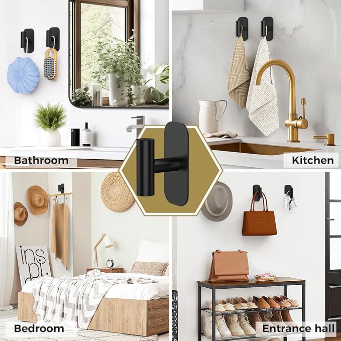 Adhesive Towel Hooks for Shower,Waterproof Heavy Duty Bathroom Hooks,Wall Mounted Sticky Hangers for Coats/Aprons/Robes,No Drilling(Black,2 Pack)