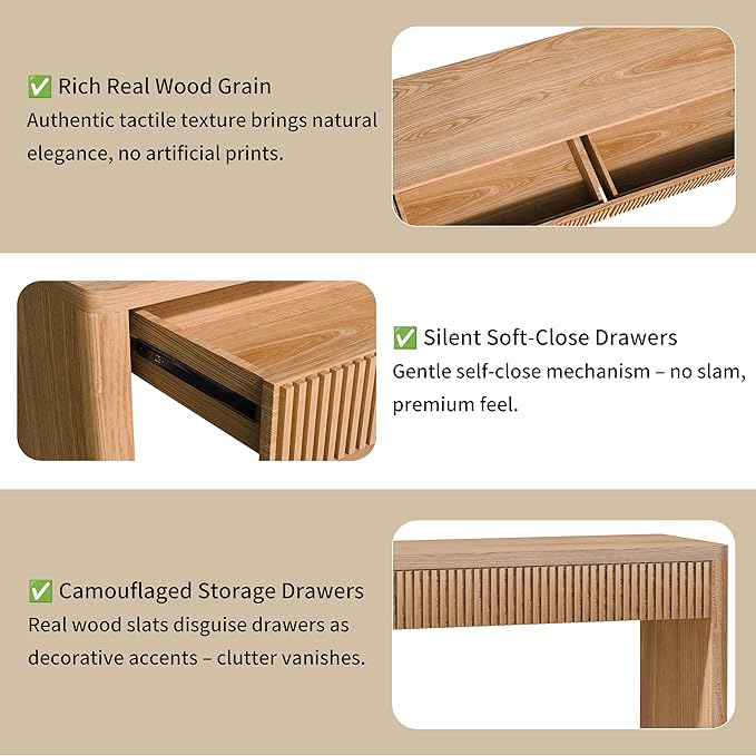 59.8”Rectangular Rustic Fluted Console Table with 2 Drawers,Solid Wood Entry Table Hallway Table, Modern Farmhouse Narrow Sofa Table for Foyer Living Room,Bedroom,Apartments-Natural Oak