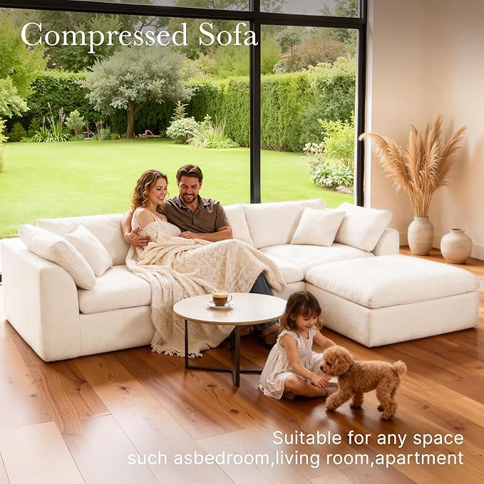 Cloud Modular Sectional Sofa Couch,110” L Sofa with Wide Armrest, Modern High-Density Sponge Compressed Sofa Couch for Living Room, Bedroom,No Assembly Needed (White, 3 Seats+1 Ottoman)